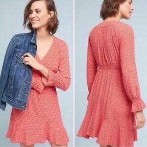 Maeve Anthropology Red/White Printed A-Line Dress Long Sleeve Womens Size Medium